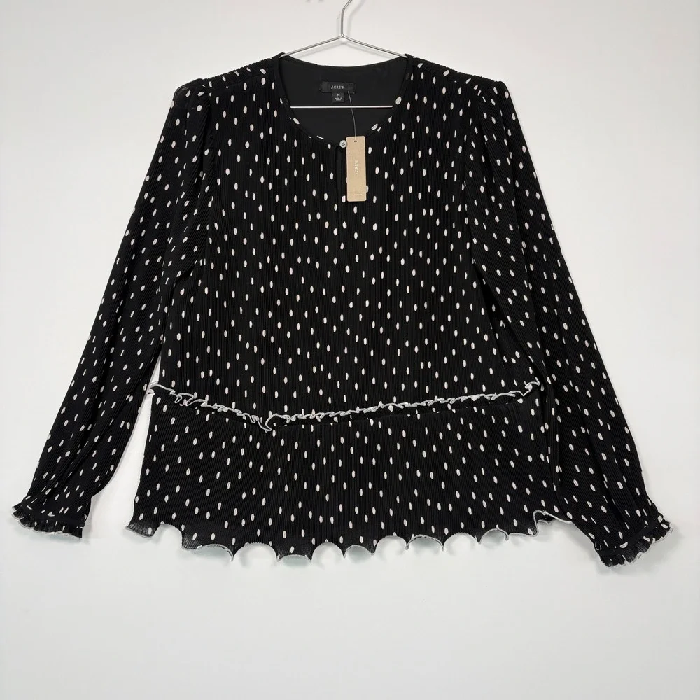 NWT J.Crew Womens Blouse M Black Polka Dot Pleated Peplum AI032 Long Sleeve